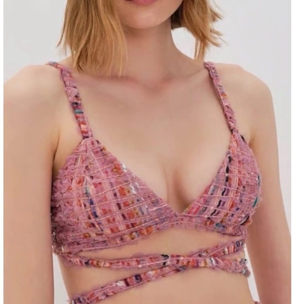 For Love & Lemons Pink Multi Textured Sequin Wrap Bralette Top Small Festival